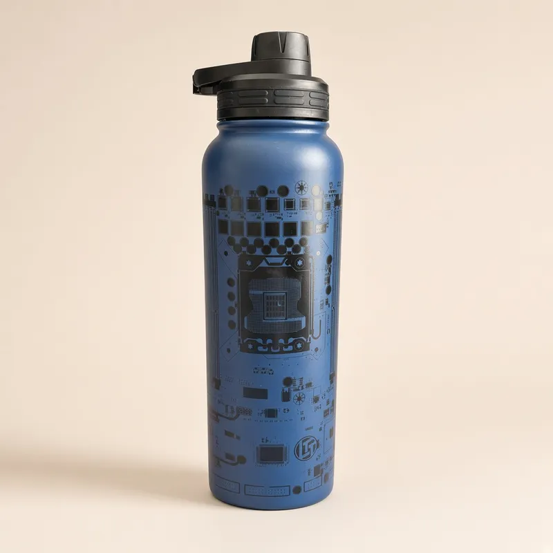 The circuit-print water bottle against a warm plain backdrop