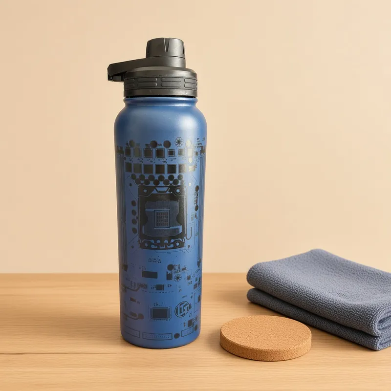 The bottle on a wooden table beside a cork coaster and a folded towel