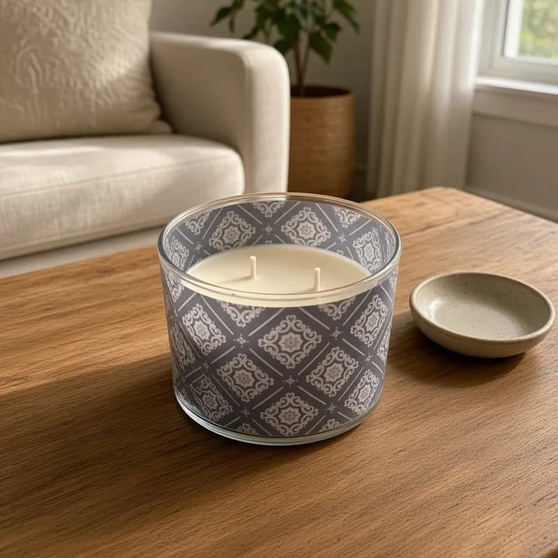 The three-wick candle on a living-room coffee table beside a small dish