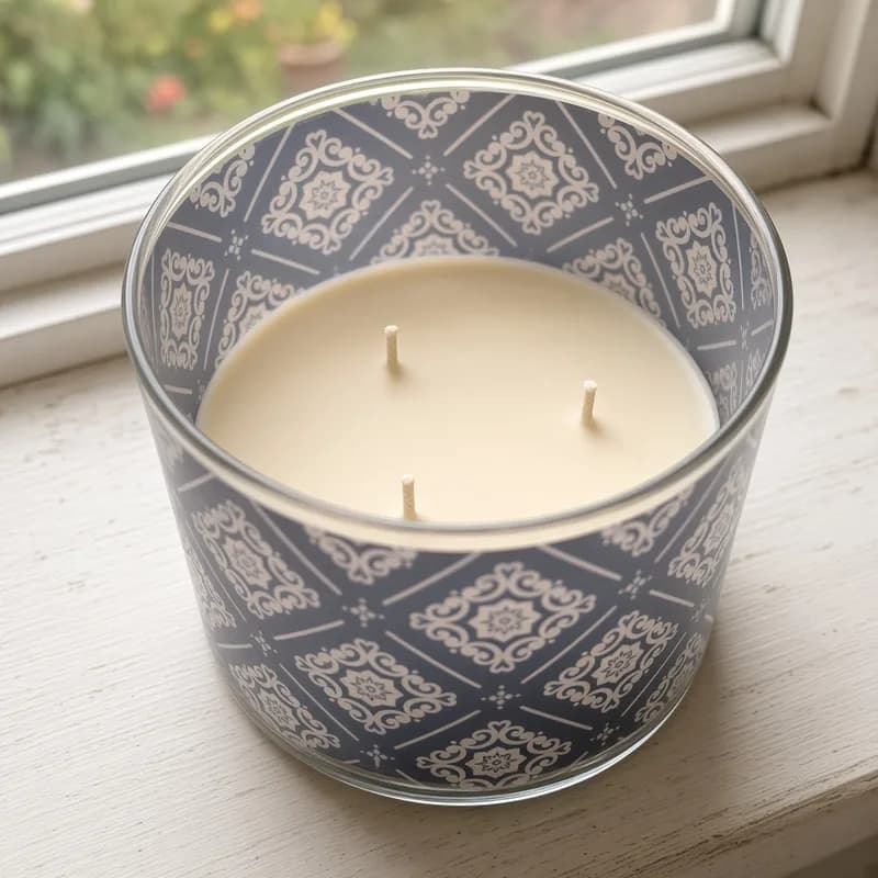 Close-up of the candle's tile-pattern jar on a sunny windowsill