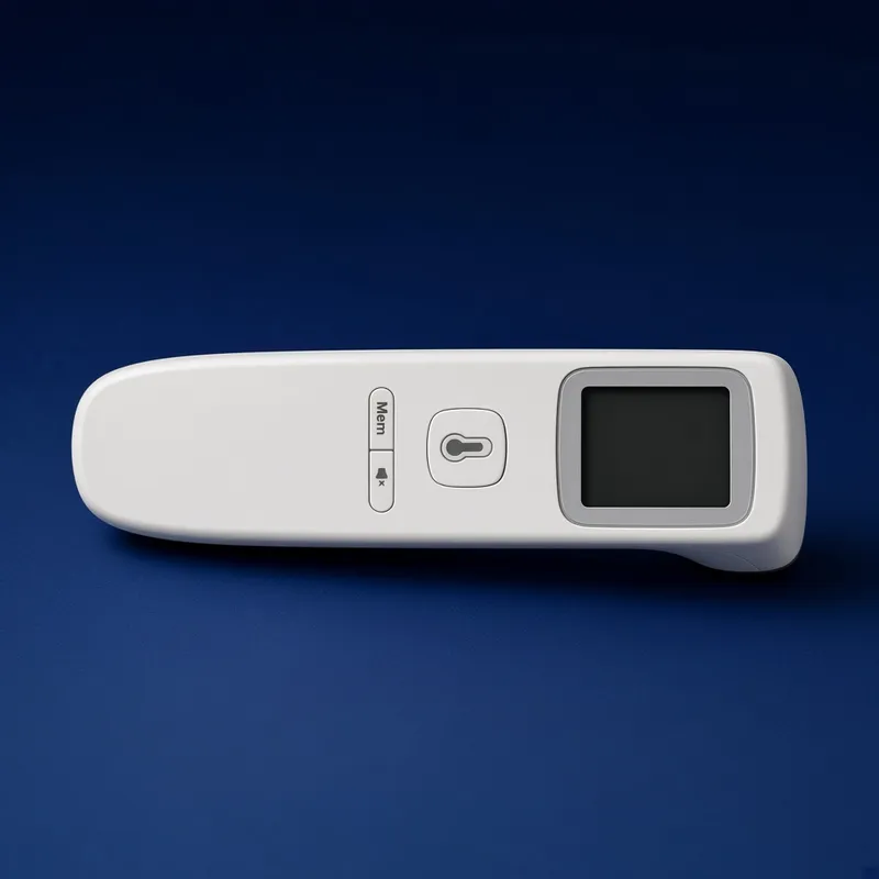 The thermometer lying on its side on a navy studio backdrop