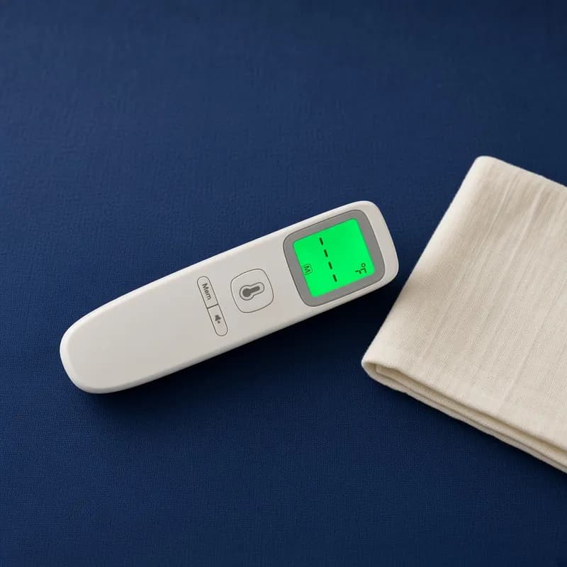 The thermometer with its display lit, beside a folded linen cloth