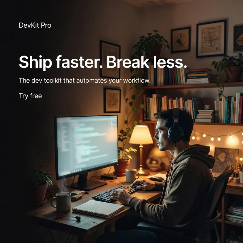 The final version with the monitor turned away and the room furnished again with shelves, books, a plant, and warm lamp light, keeping the fake code off-screen without looking empty