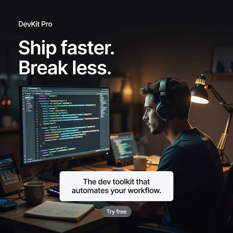 A developer-lifestyle ad showing a monitor with detailed but obviously fake, garbled code filling the screen, competing with the headline for attention