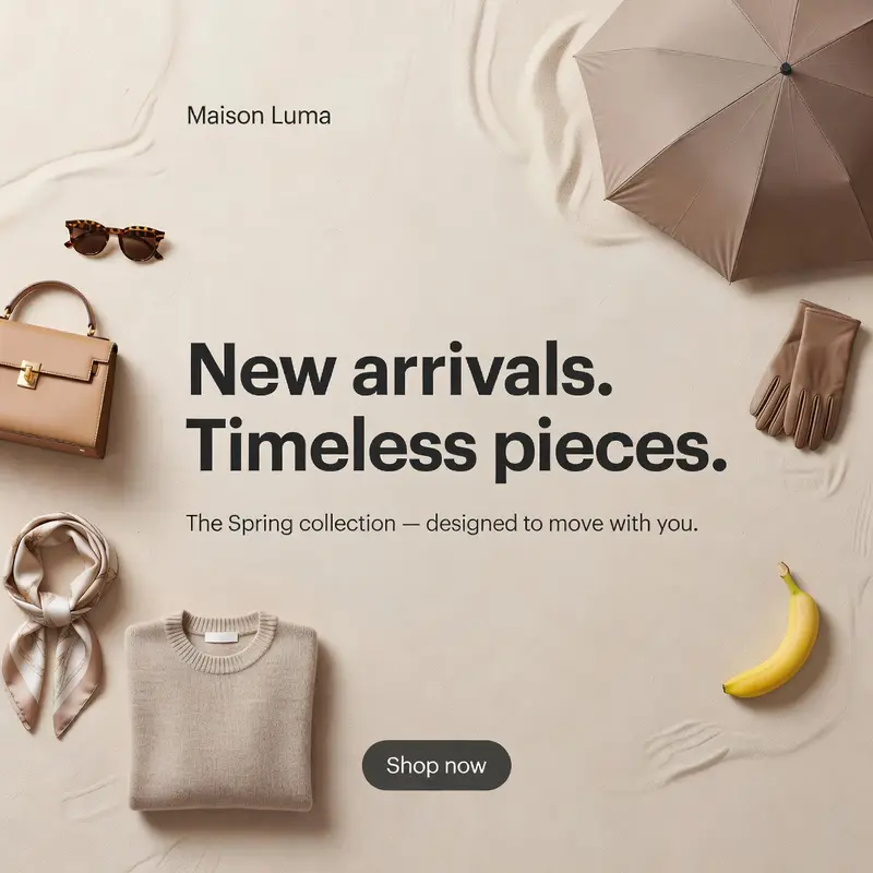 The same flat-lay ad with the products arranged toward the frame's edges, leaving the center open so the headline sits on clean surface