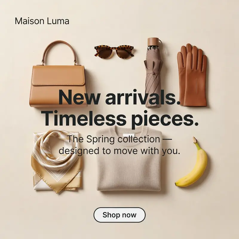 A flat-lay fashion ad with the headline 'New arrivals. Timeless pieces.' overlapping a tan leather handbag, making both the text and the bag harder to read