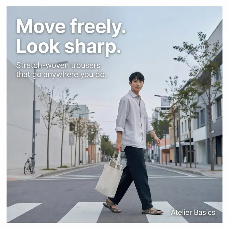 An ad render of a person crossing a city street, with the entire photo matted inside a visible white border after the prompt explicitly said 'no border, no frame, no white margin'