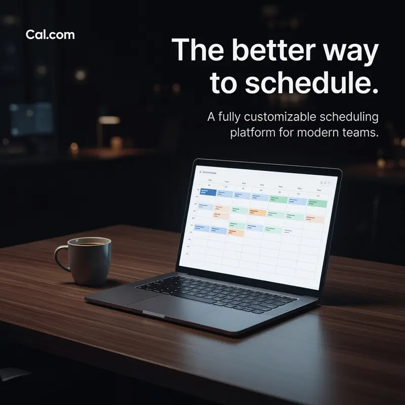 A SaaS product ad with an open laptop positioned centrally, close to the headline text and leaving less dedicated clear space around it