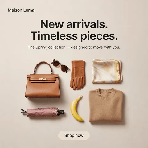 A seven-object accessories flat-lay with a handbag, sunglasses, gloves, scarf, sweater, umbrella and a banana, the old fashion-editorial pattern that scored 0/12 against real Meta ad survivors