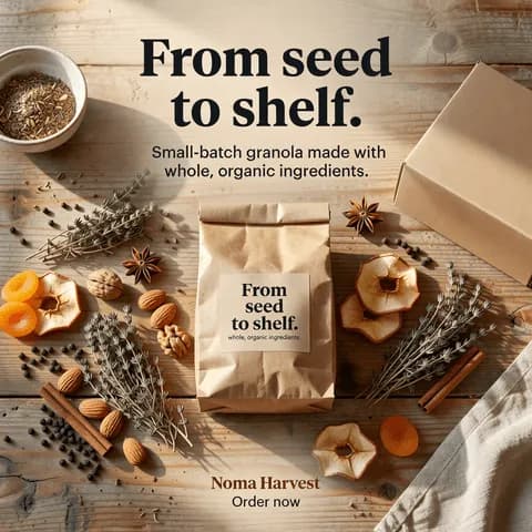 The old food-packaging-hero template: a kraft paper bag on rustic wood with scattered dried ingredients, a composition that appeared in 0 of 9 real food-advertiser survivors