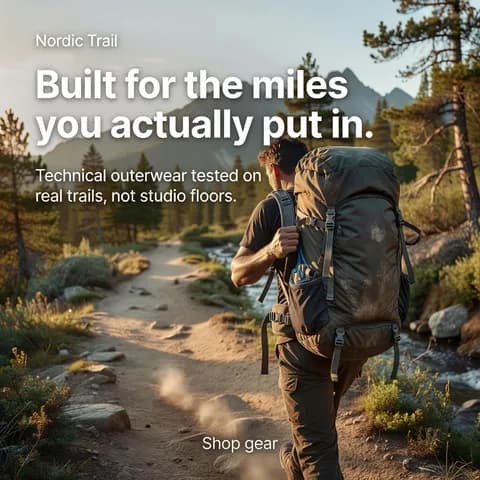 The rewritten gear-in-use template: a person mid-hike wearing a backpack on a mountain trail, matching the product-in-use archetype where the gear is worn and visible