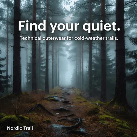 The old pine-forest template: a foggy, empty trail through dense pine trees with no product and no person, a composition that appeared in 0 of 8 outdoor-gear survivors